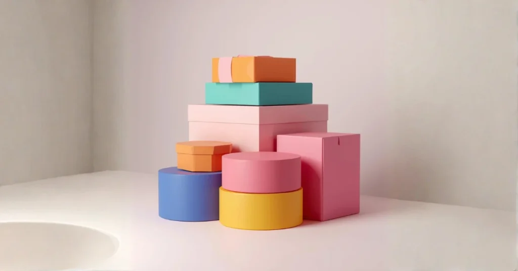 Colorful stacked gift boxes arrangement, Shape for Packaging