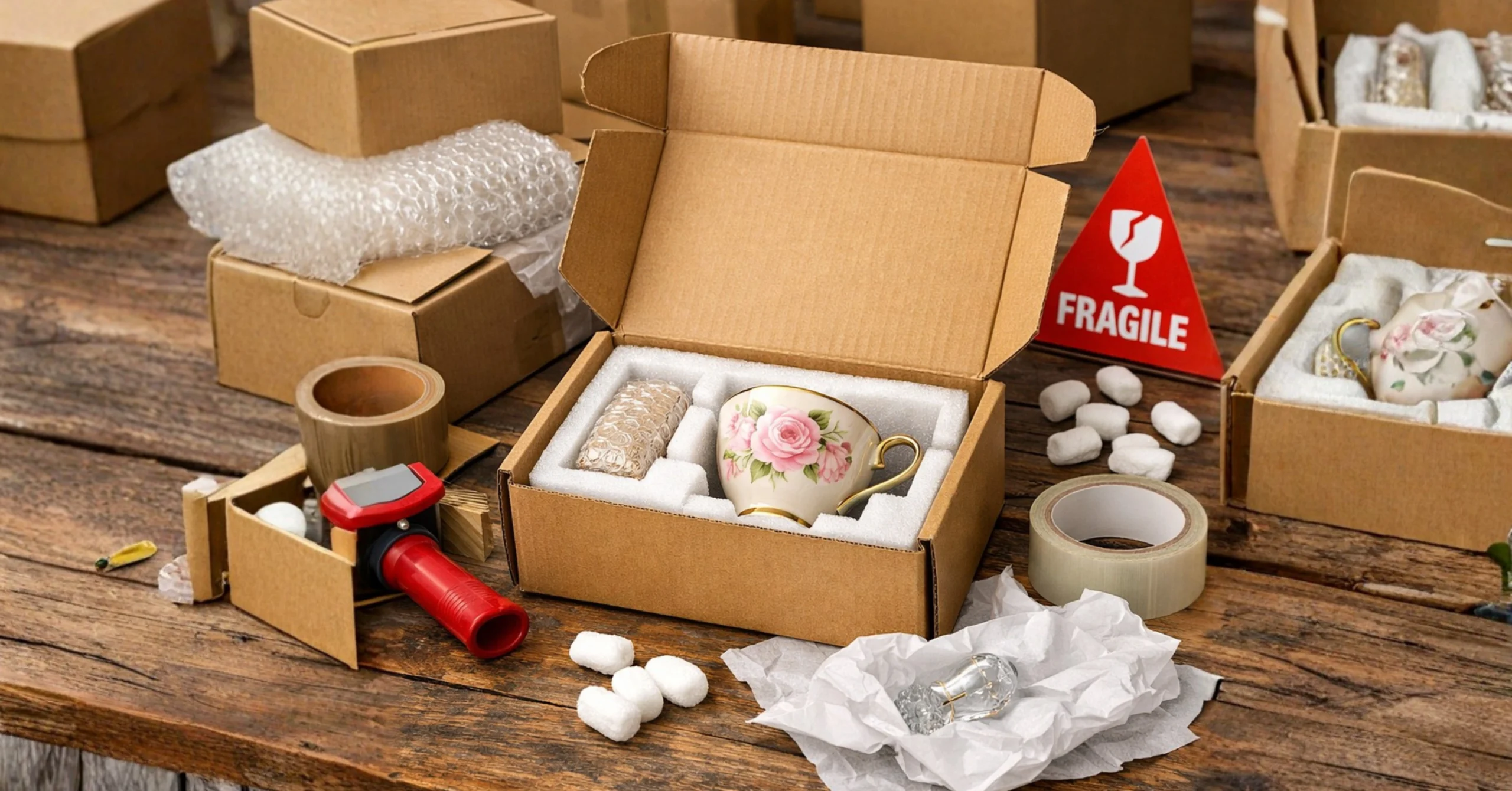 ## Void Fill Empty space inside a shipping box creates movement, and movement leads to damage. To protect fragile products effectively, fill all gaps using kraft paper fill, air pillows, honeycomb padding, or crinkle paper. Proper void fill stabilizes the product, absorbs shock during impact, and significantly improves overall shockproof packaging performance. ## Exterior Protection & Sealing Strong sealing is just as important as internal cushioning. Use reinforced packing tape, edge protectors, and waterproof coatings to strengthen the outer structure of your shipping boxes. If moisture exposure is a concern, applying water-resistant treatments to corrugated material adds an extra layer of protection against humidity and transit conditions.